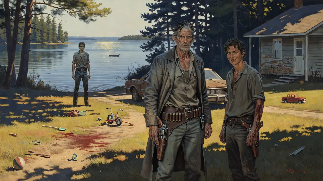 A young man stands soaked in a lake, staring back at two gunslingers who wait on the lawn of a modest house.