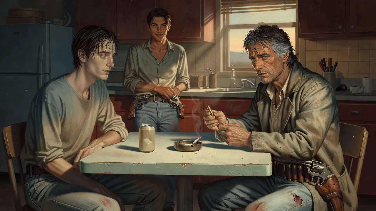 In a 1970s kitchen a dark-haired young man stares glassy-eyed at a bullet in a weathered gunslinger’s hand.