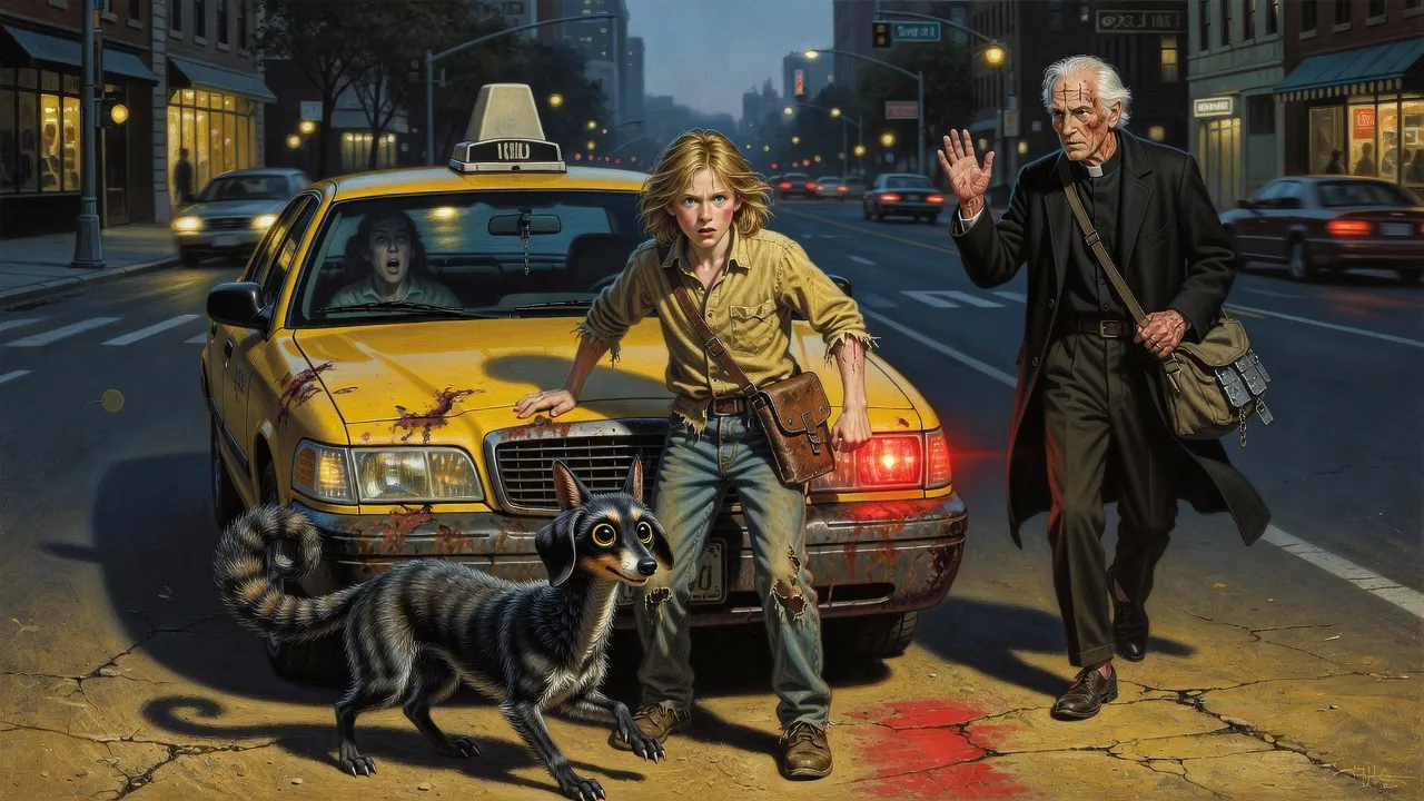 A boy slams both fists on the hood of a taxi at evening while a bumbler scrambles from under its bumper and a limping priest hurries up.