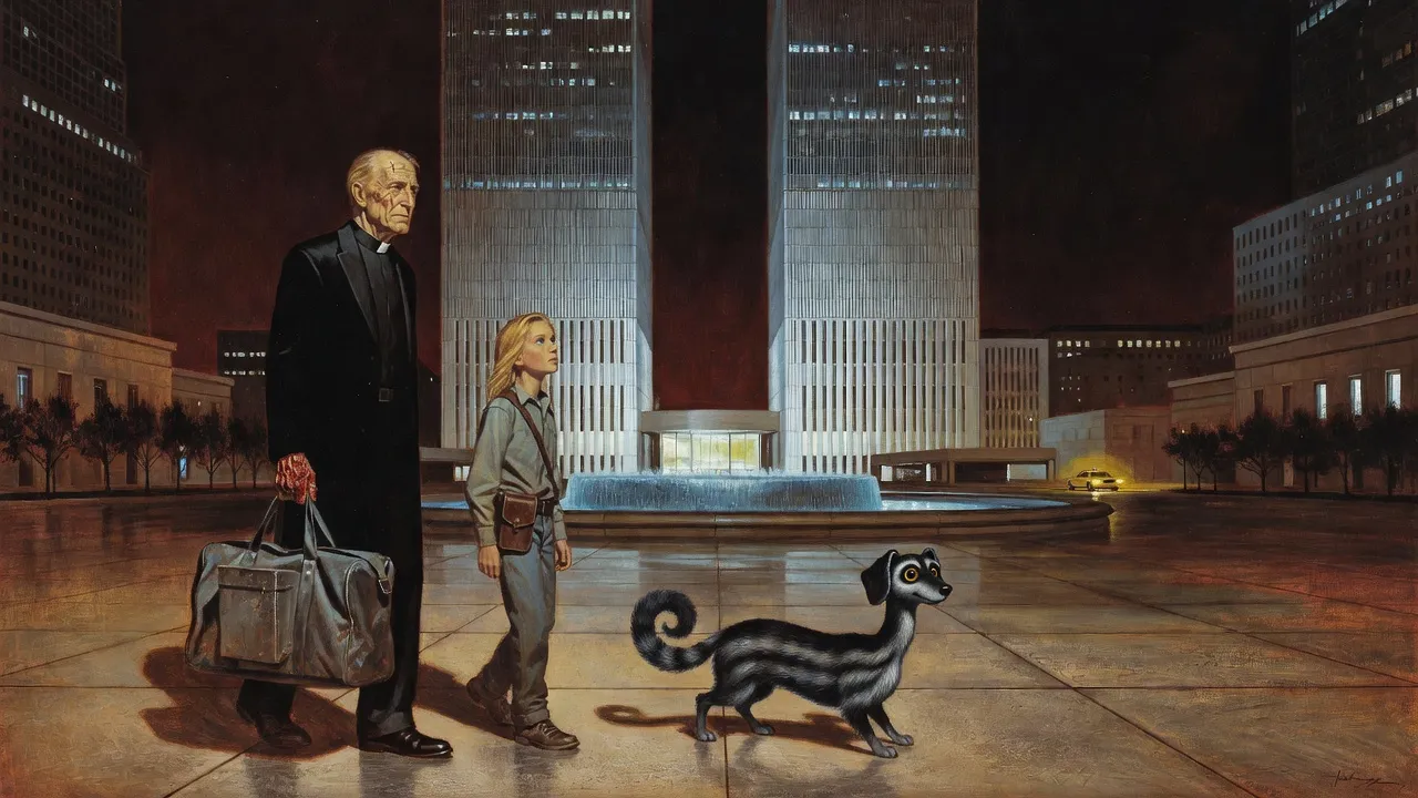 Three small figures, a priest carrying a bowling bag, a boy and a bumbler, cross a night plaza toward the base of two identical towers.