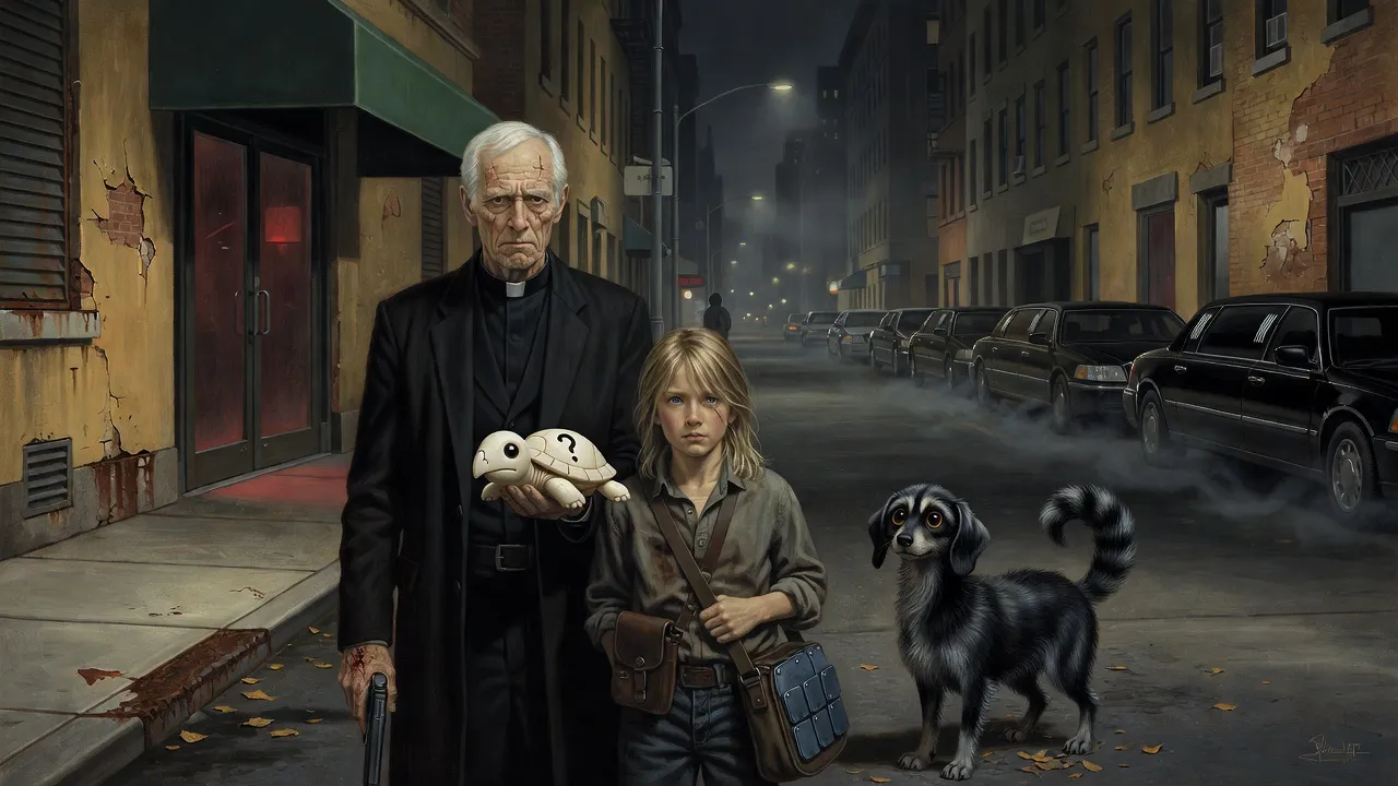 Outside a dark restaurant at night, five black limousines line the curb while a priest with a pistol and a small turtle and a boy with a bag of plates face the door.
