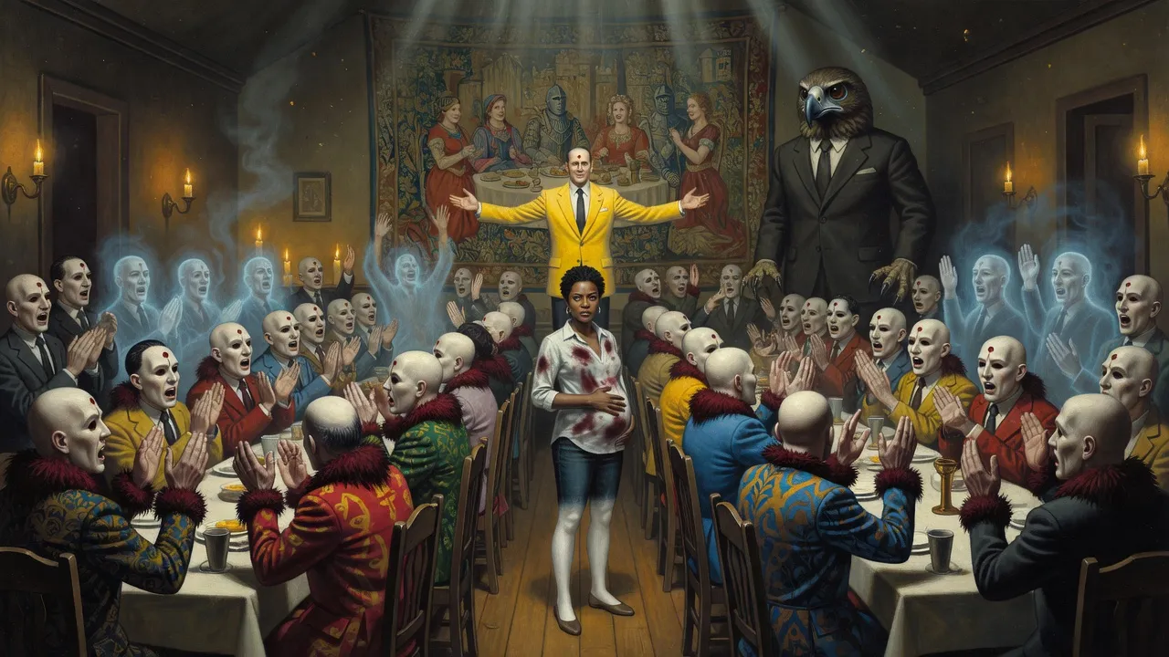 In a crowded, low-lit dining room a small pregnant woman stands alone in the aisle while masked guests rise applauding and a man in a yellow blazer spreads his arms.
