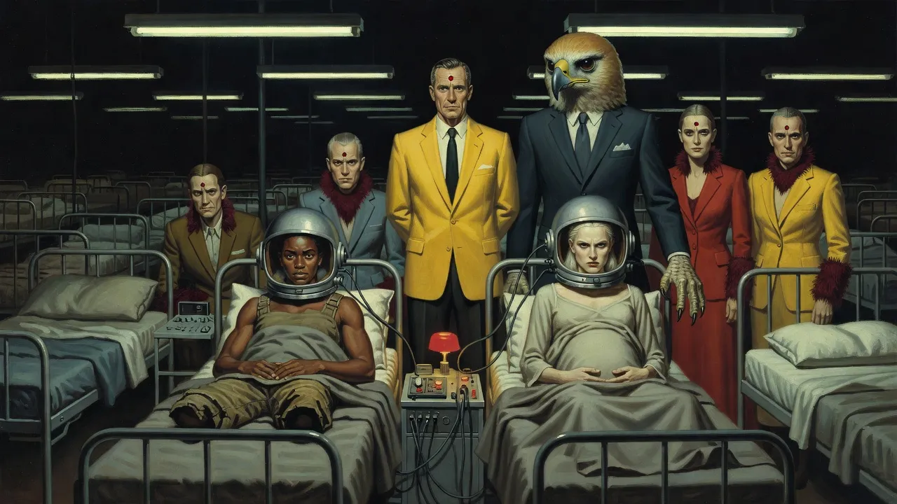 In a vast old hospital ward two women lie on adjacent beds under bulky steel helmets while a man in a yellow blazer stands between them.