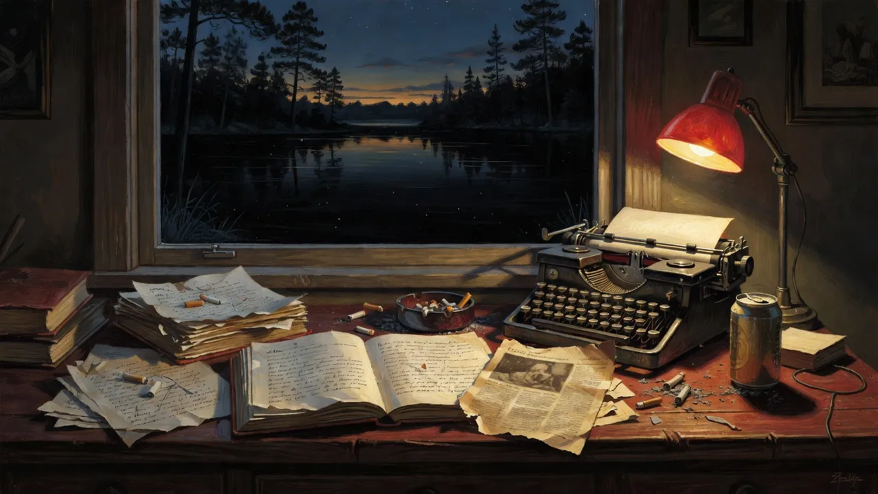A lamplit writer’s desk at night with an open journal, a typewriter, an overflowing ashtray and a torn newspaper clipping, dark water beyond the window.