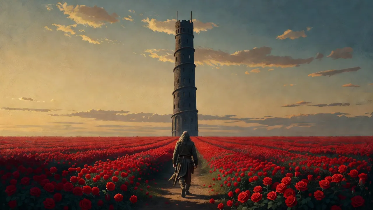 The Dark Tower rising from a field of red roses at sunset, with a single tiny figure of the gunslinger walking toward it.