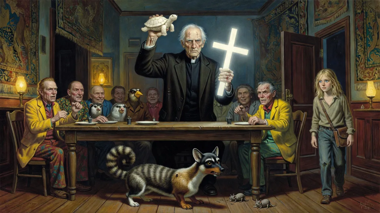 Father Callahan standing on a restaurant table holding up a small ivory turtle while a crowd of low men and taheen stand frozen around him.