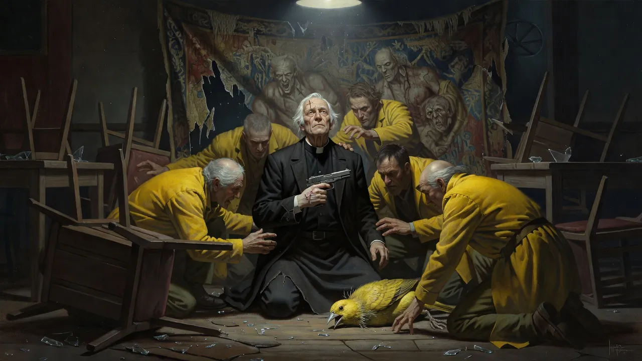 Father Callahan on his knees among overturned tables, ringed by low men, holding a pistol against his chest with his face lifted.