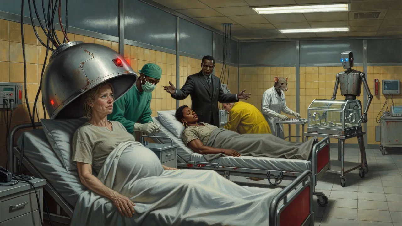 A cold tiled room where a pregnant woman labors under a steel hood on a hospital bed, attended by a doctor, a man in a suit and a tall steel robot wheeling an incubator.