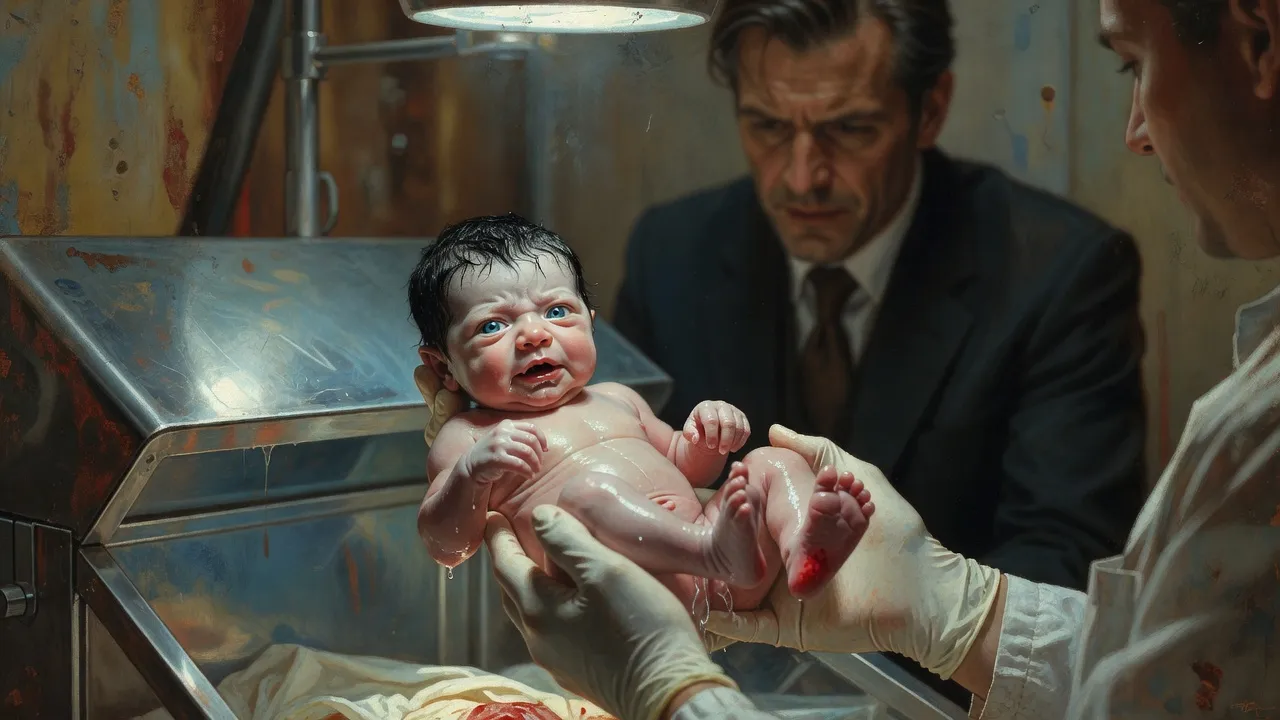 Close view of a newborn held up in gloved hands, with dark hair, visible teeth and a red birthmark on one heel.