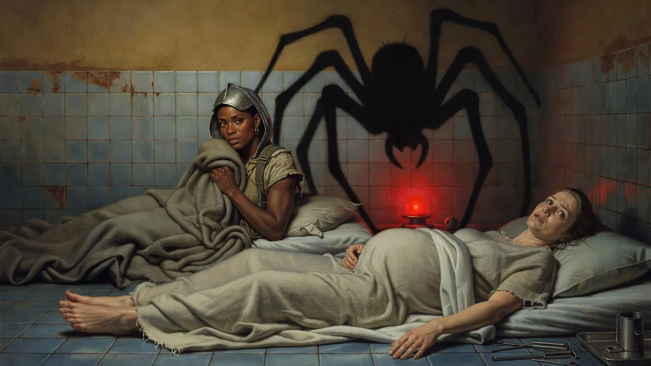 A woman lying on a hospital bed with her face turned outward while the huge shadow of a spider falls across the wall above her.