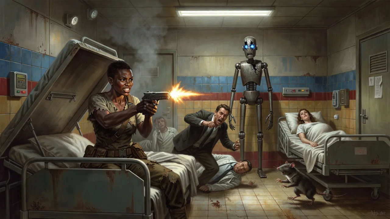 Susannah sitting up on a hospital bed firing a pistol while a man in a suit falls and a steel robot stands with its eyes shattered.