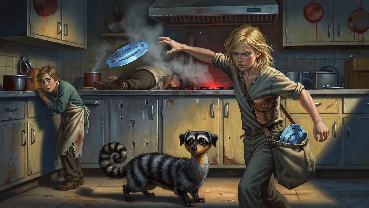 Jake throwing a sharpened steel plate across a steaming restaurant kitchen while a kitchen boy cowers and a billy-bumbler stands at his heel.