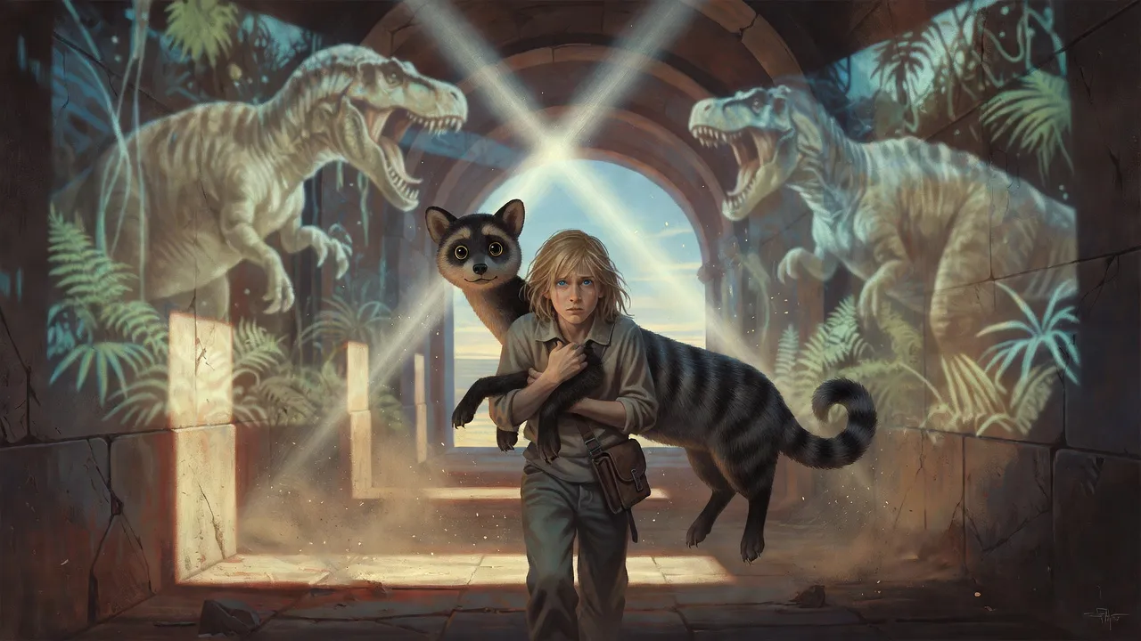 A boy walking stiffly through a stone corridor overlaid with projected dinosaurs, carrying a billy-bumbler in his arms.