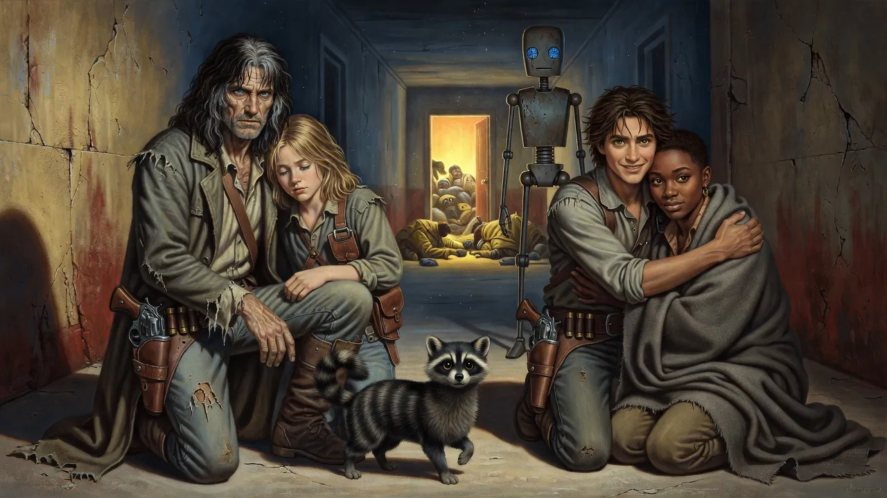 Roland kneeling to embrace Jake while Eddie holds Susannah and a billy-bumbler dances at their feet beside a glowing doorway.