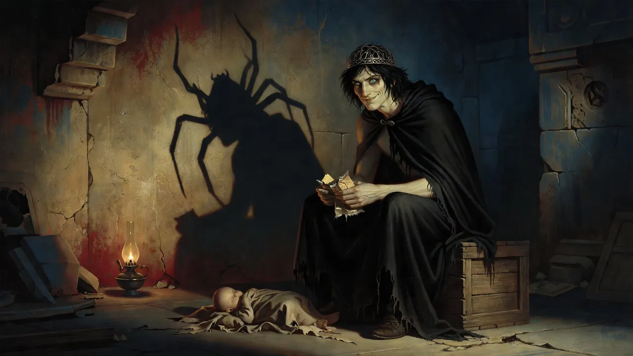 Walter in black, a cap of woven wire on his head, smiling at a bundled infant by lamplight while a huge spider’s shadow rises on the wall behind him.