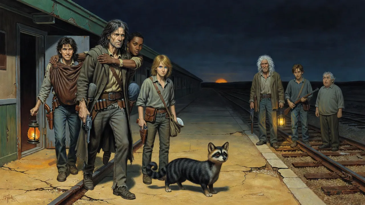 The ka-tet stepping out of a steel door onto a dark railway platform where three men with lanterns and rifles wait.