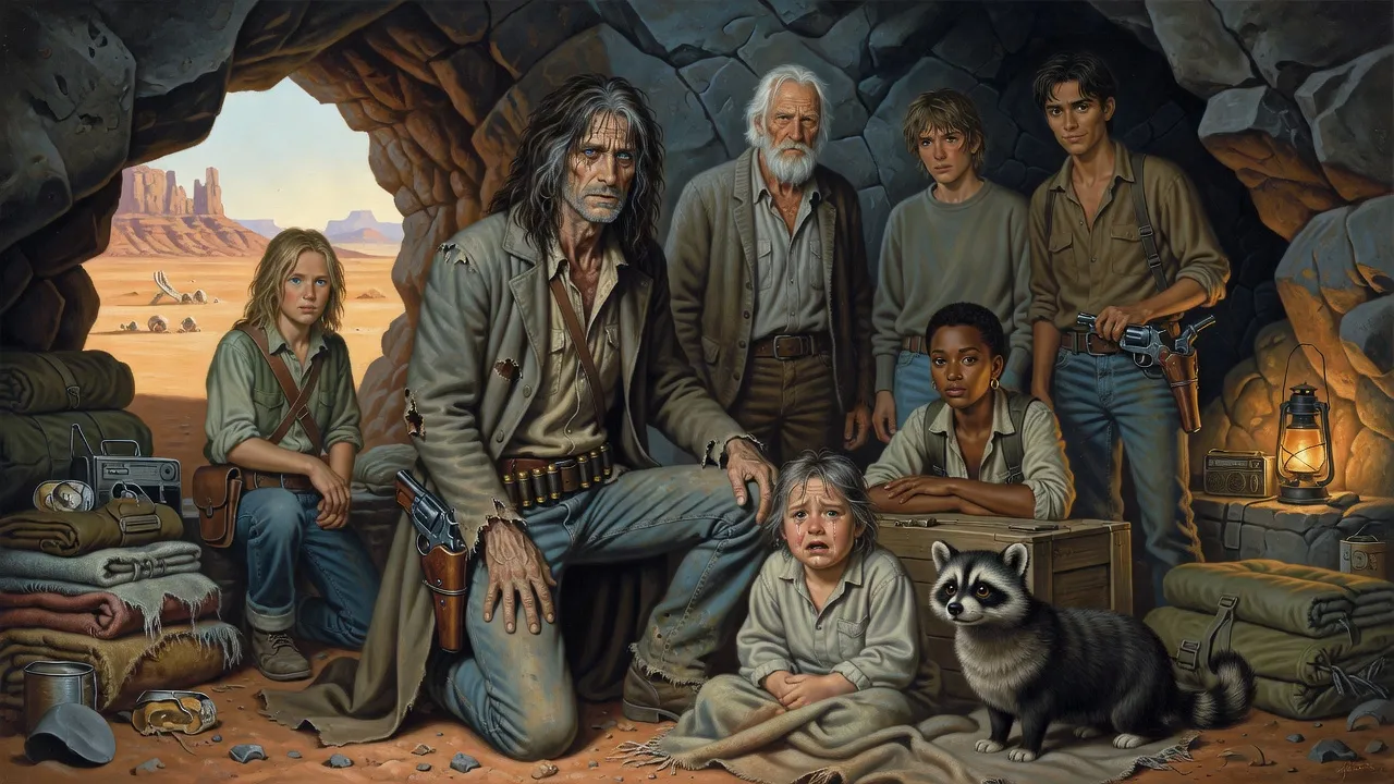 Roland kneeling with his hands on the shoulders of a weeping middle-aged man in a cave lit by a lantern, with the rest of the ka-tet watching.
