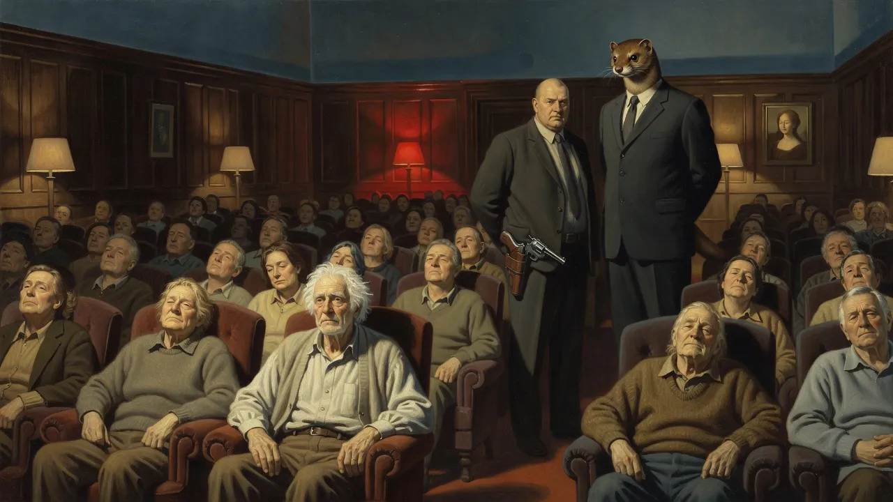 A panelled reading room full of people in armchairs with their eyes closed while a balding man and a weasel-headed figure watch from the back.