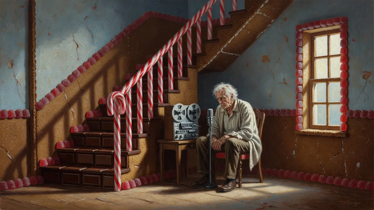 An old man speaking into a tape recorder at a small table inside a room made of gingerbread and candy.