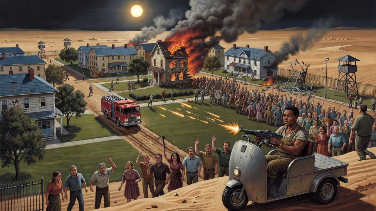 A wide dawn scene of a burning gabled house, a collapsing watchtower, a crowd running with raised hands and a woman firing a machine gun from a three-wheeled cart.