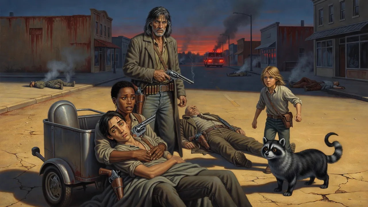 Susannah holding a wounded Eddie across her lap on a smoky street while Roland stands over a fallen man with a smoking revolver.