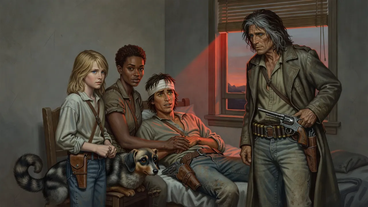 Eddie lying bandaged on a dormitory bed at dusk with Susannah holding his hand, Jake and a billy-bumbler at the foot of the bed and Roland at the window.