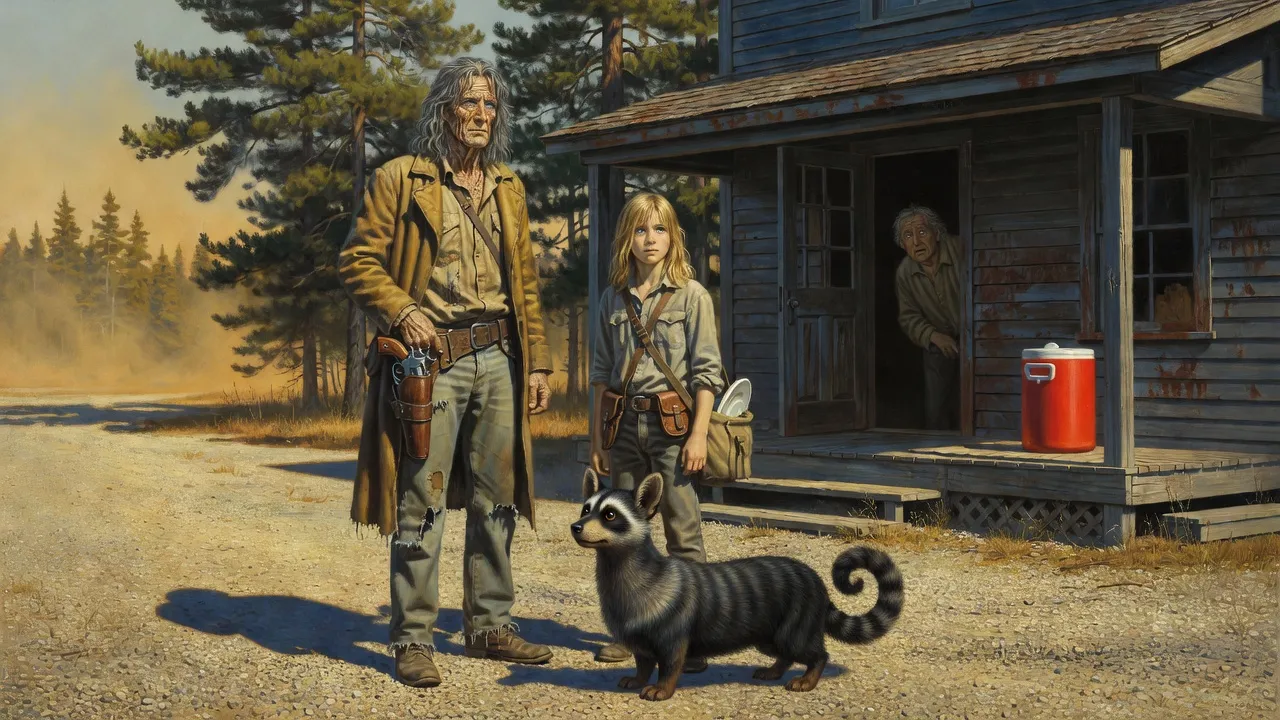 Roland, Jake and a billy-bumbler standing in the gravel lot of a Maine general store in a gold haze.