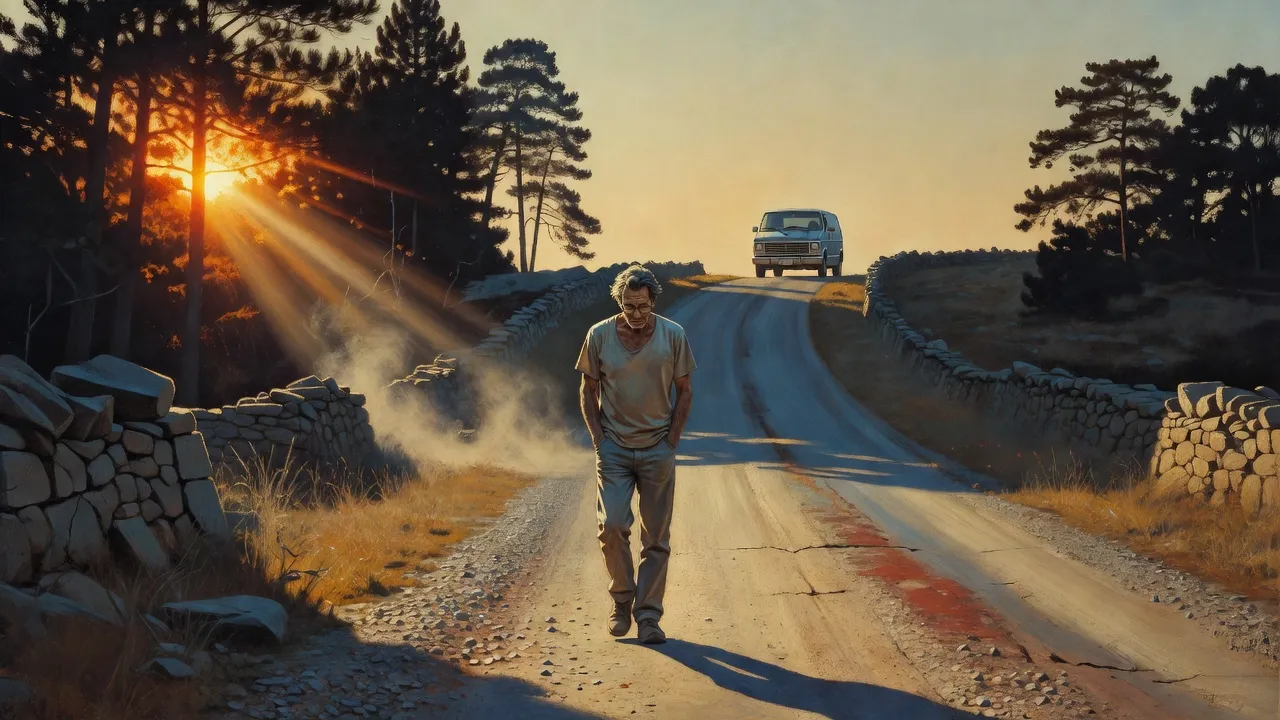 A tall man with glasses walking alone on the shoulder of a country road while the roof of a light-blue minivan appears over the hill behind him.
