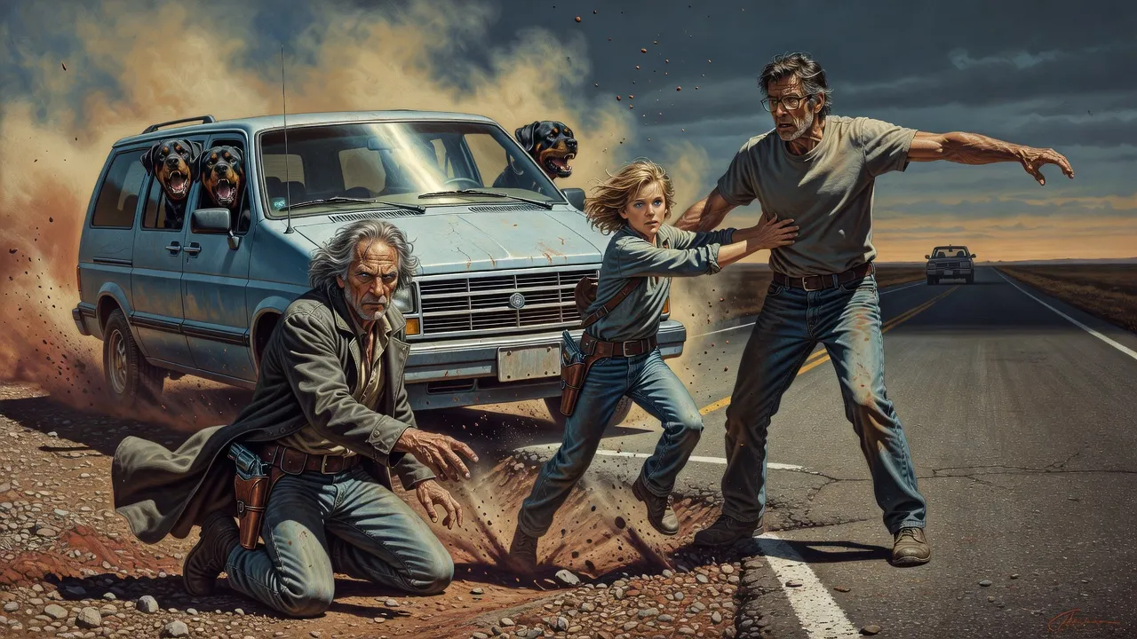 A boy in mid-leap knocking a tall man sideways as a light-blue minivan swerves onto the road shoulder, with Roland fallen on the asphalt behind.