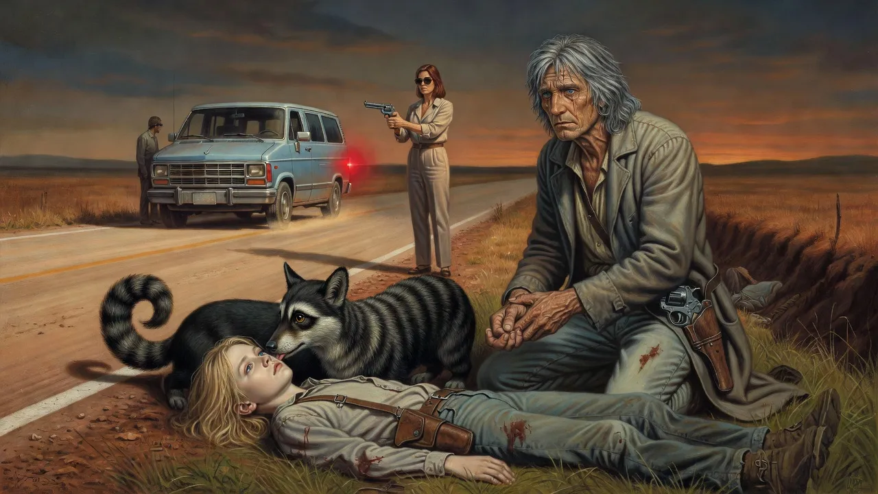 Jake lying still in roadside grass with a billy-bumbler licking his face and Roland kneeling beside him, while a woman in the distance holds a revolver on a man by a van.
