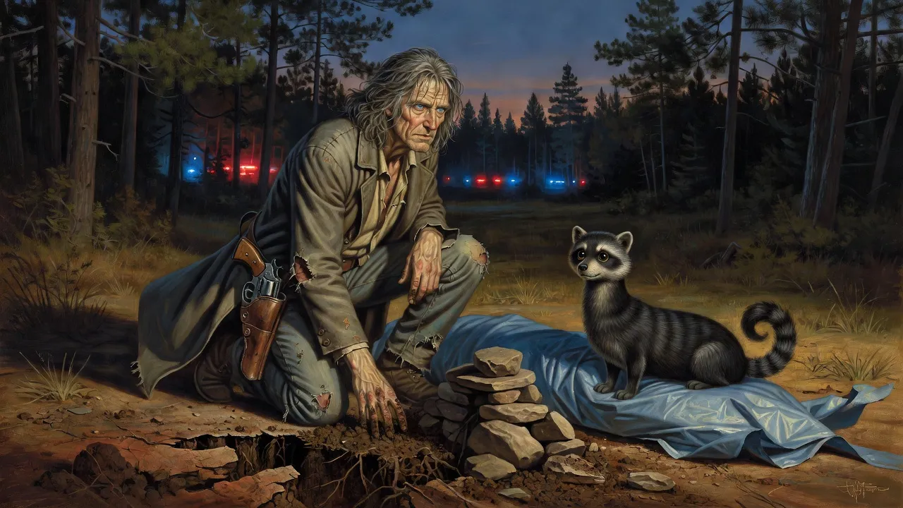 Roland digging in the earth with his hands in a dusk clearing beside a tarp-wrapped body and a half-built cairn, watched by a billy-bumbler.