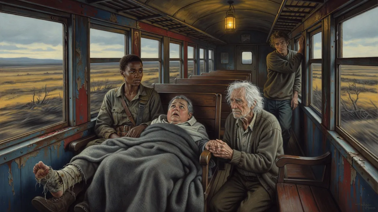 A middle-aged man lying along a train seat with his head in Susannah’s lap, one foot bandaged, while two men kneel and stand beside them in a rocking carriage.