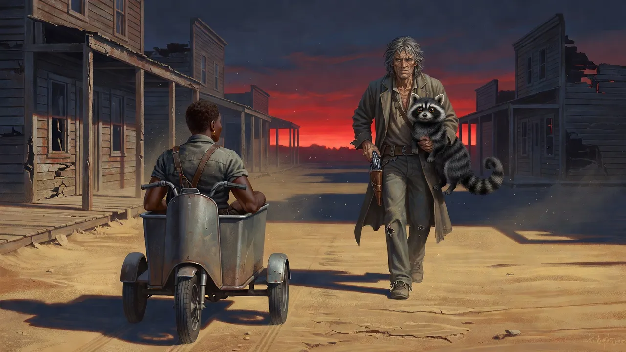 Susannah on a three-wheeled cart in an empty western street at dusk as Roland walks toward her carrying a billy-bumbler in his arms.