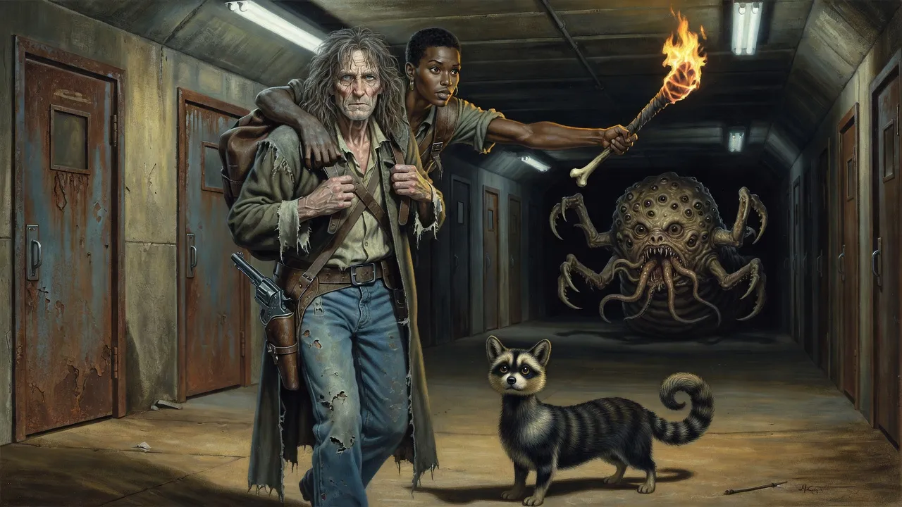 Roland carrying Susannah on his back through a dark tunnel while she thrusts out a burning bone at a huge segmented creature with a face of eyes.