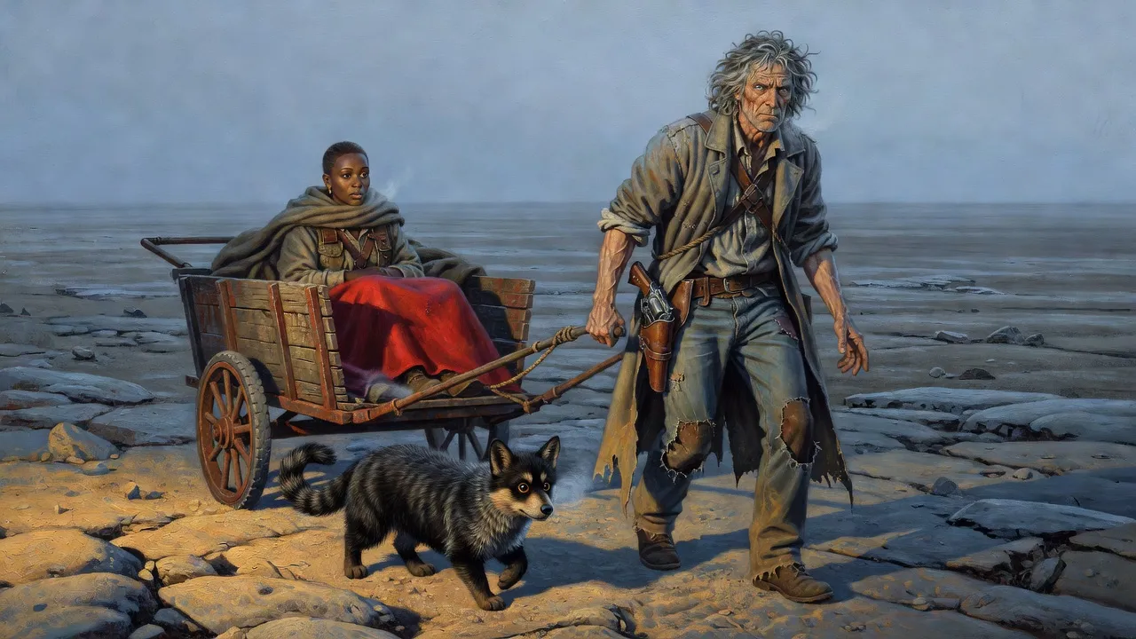 Roland in a rope harness pulling a small two-wheeled cart with Susannah bundled in it across an empty grey rock plain, a billy-bumbler trotting beside.