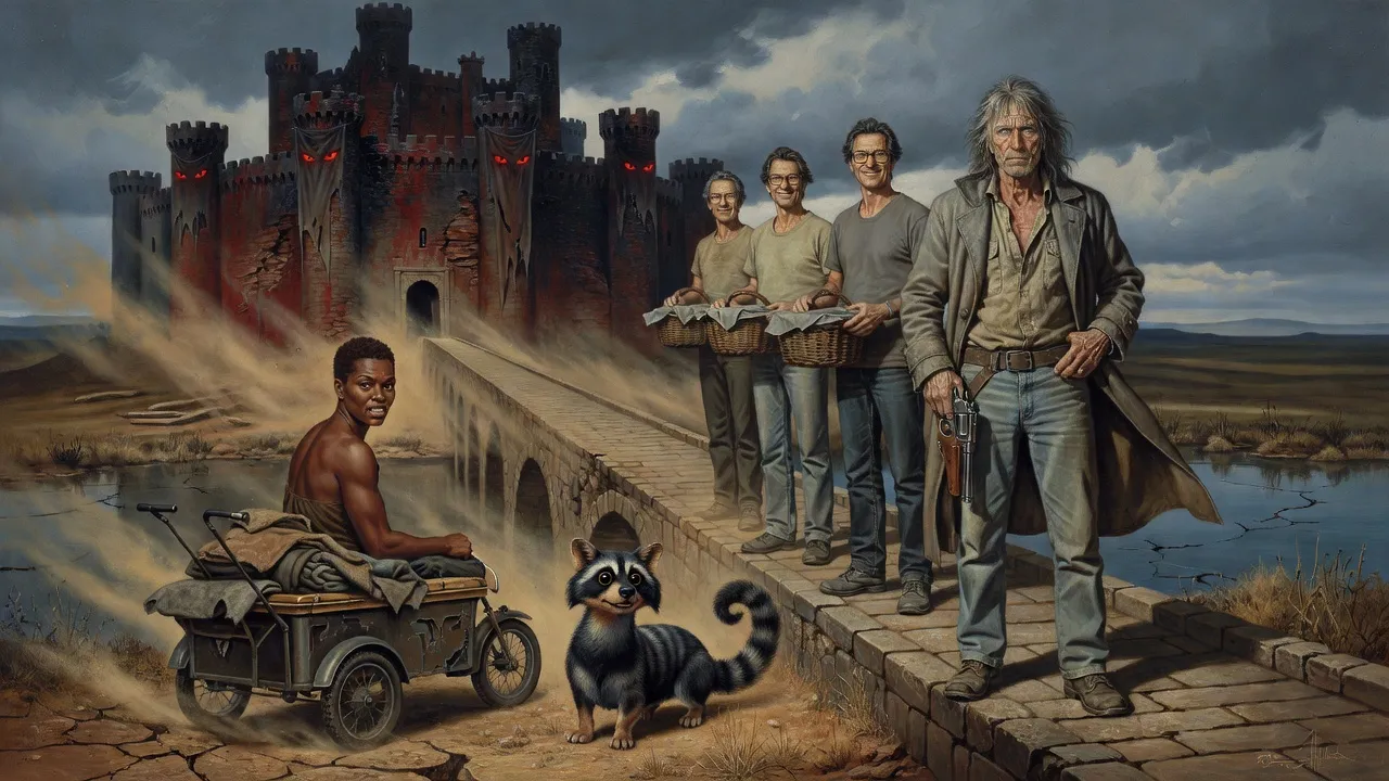 Three identical tall men with glasses and wicker baskets standing on a castle bridge under banners painted with red eyes, facing Roland, Susannah in her cart and a billy-bumbler.