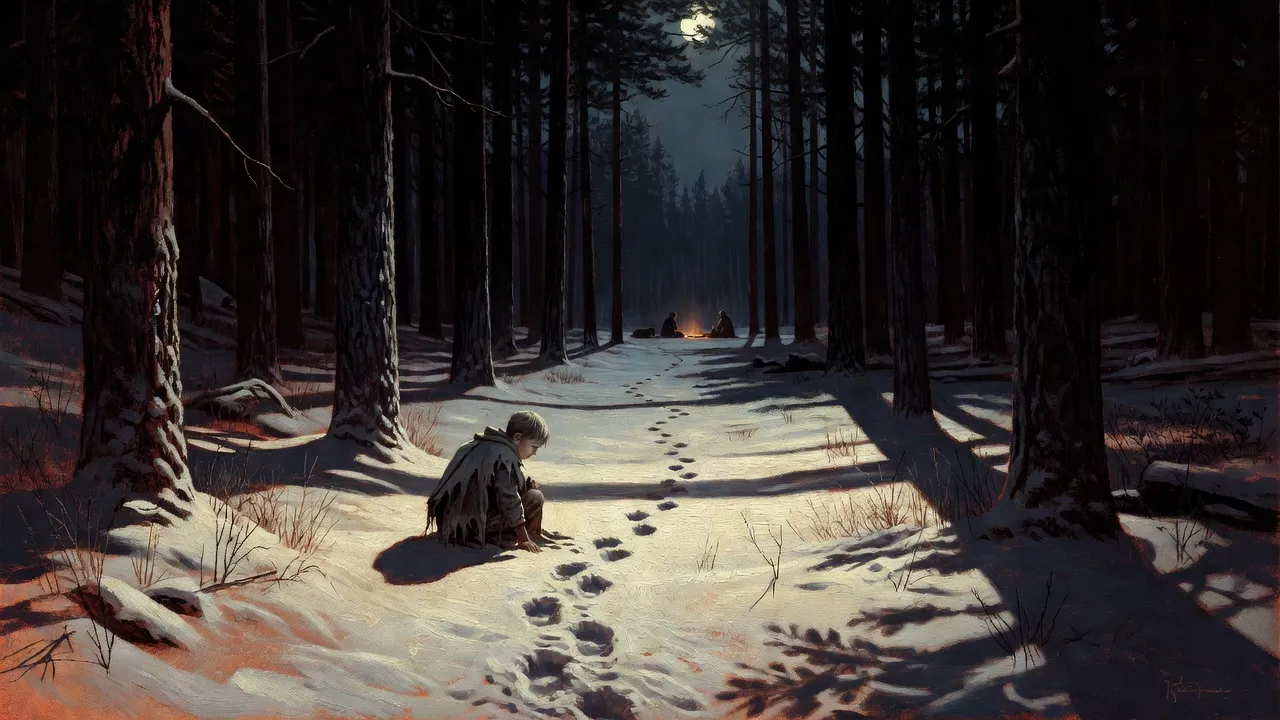 A ragged boy crouched in moonlit snow with his mouth to his own wrist, a small campfire with two figures far off through the trees.