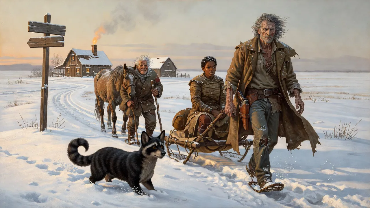 A snowbound crossroads with a signpost and a cottage, where a limping old man with a blind horse meets Roland on snowshoes hauling Susannah behind him.