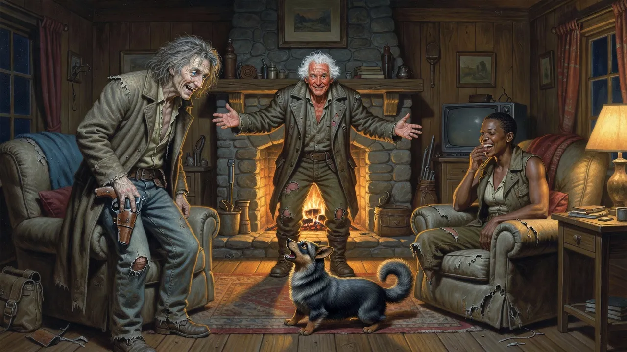 An old man performing with his arms wide before a fireplace while Roland weeps with laughter in a recliner, Susannah laughs with a hand to her mouth and a billy-bumbler barks.