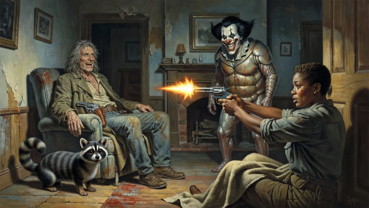 Susannah on a parlor floor firing a revolver at a man whose face is stretching into a clown’s grin while Roland chokes with laughter in a chair.