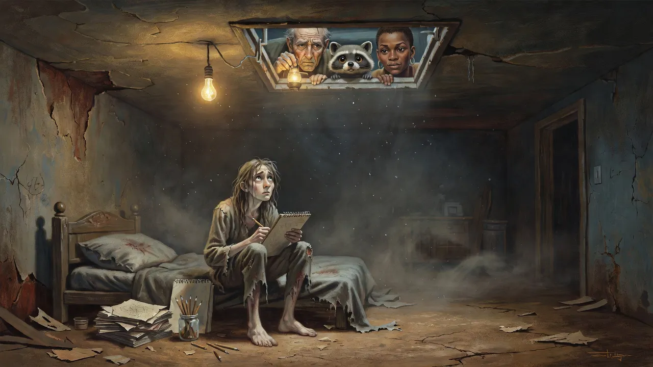 A thin young man on a cot in a bare cellar under one light bulb, looking up at three faces in an open trapdoor: an old gunslinger with a lamp, a billy-bumbler and Susannah.