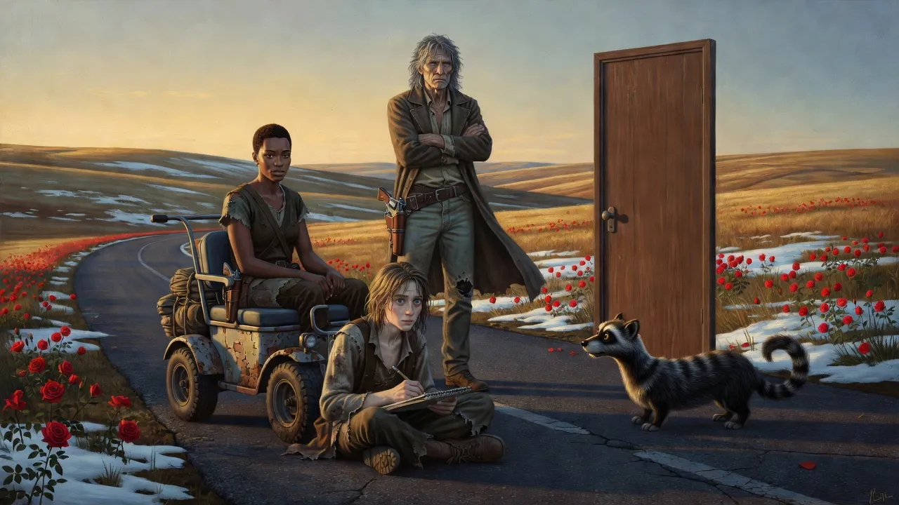 A young man drawing on a pad beside a plain wooden door standing by itself on a dawn road, watched by Susannah on a cart, Roland and a billy-bumbler.