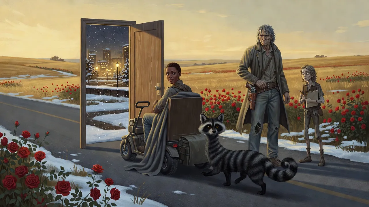 Susannah seen from behind on a cart crossing the threshold of a lone door that opens on a snowy city park at night, while Roland and a billy-bumbler stand on the dawn road.