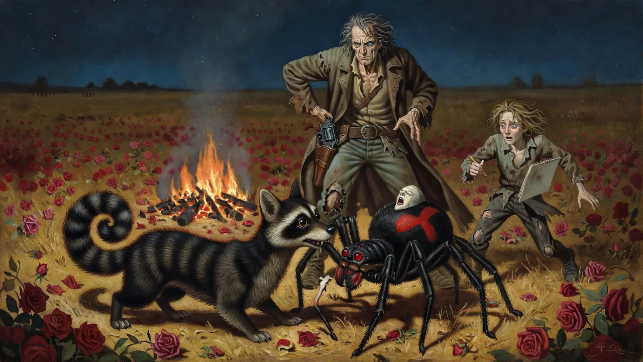 A billy-bumbler with its jaws clamped on the leg of a huge spider rearing over it by firelight, with Roland rising from his blanket behind.