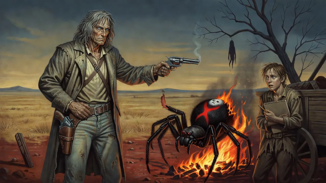 Roland standing with a smoking revolver as a huge spider topples backward into a campfire, a small limp shape hanging in a bare tree beyond.