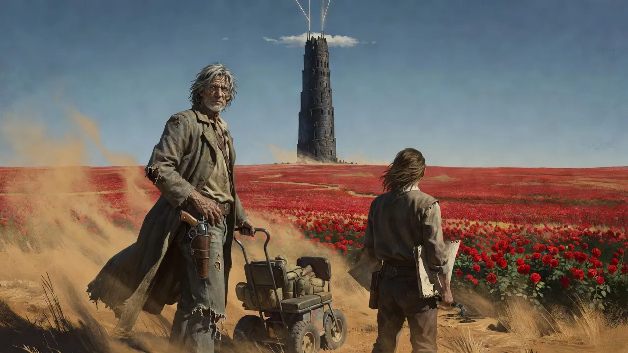 A wide view of red roses to the horizon with a single dark tower at their center, and two small figures with a cart on the near hill.