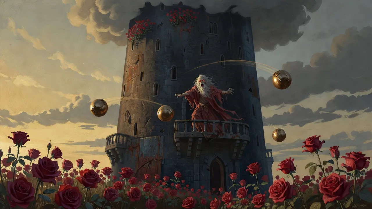 Looking up from the roses at an old man with a white beard shrieking from a stone balcony on the Tower and hurling golden spheres.