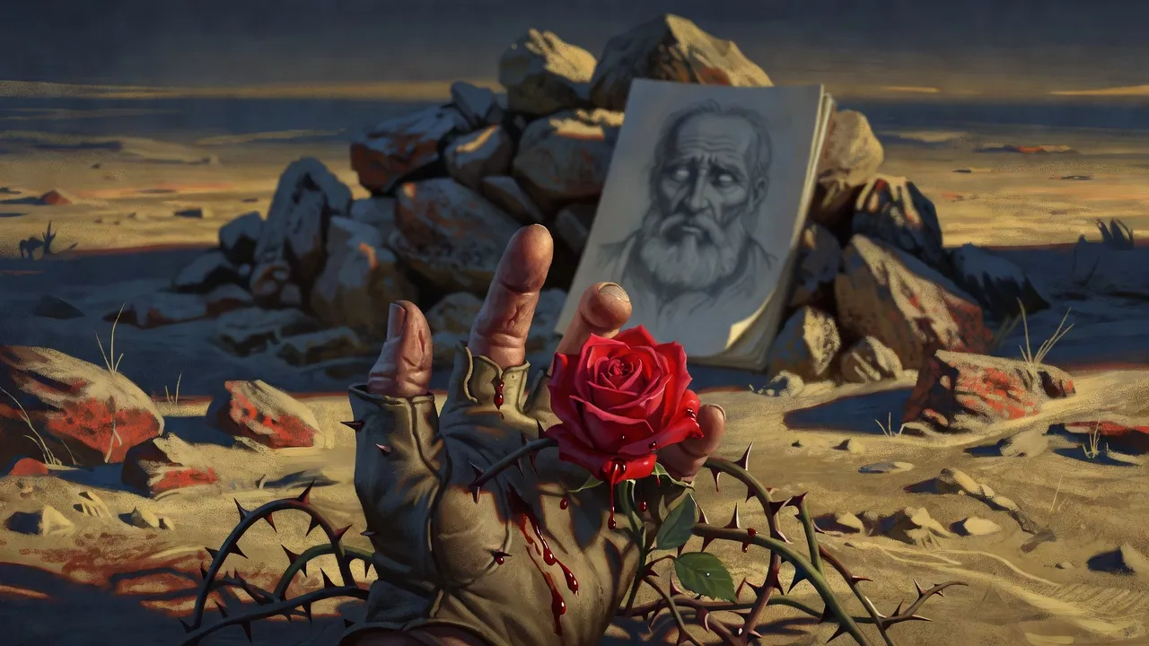 Close view of a gloved right hand missing two fingers picking a single red rose, blood coming through the leather.