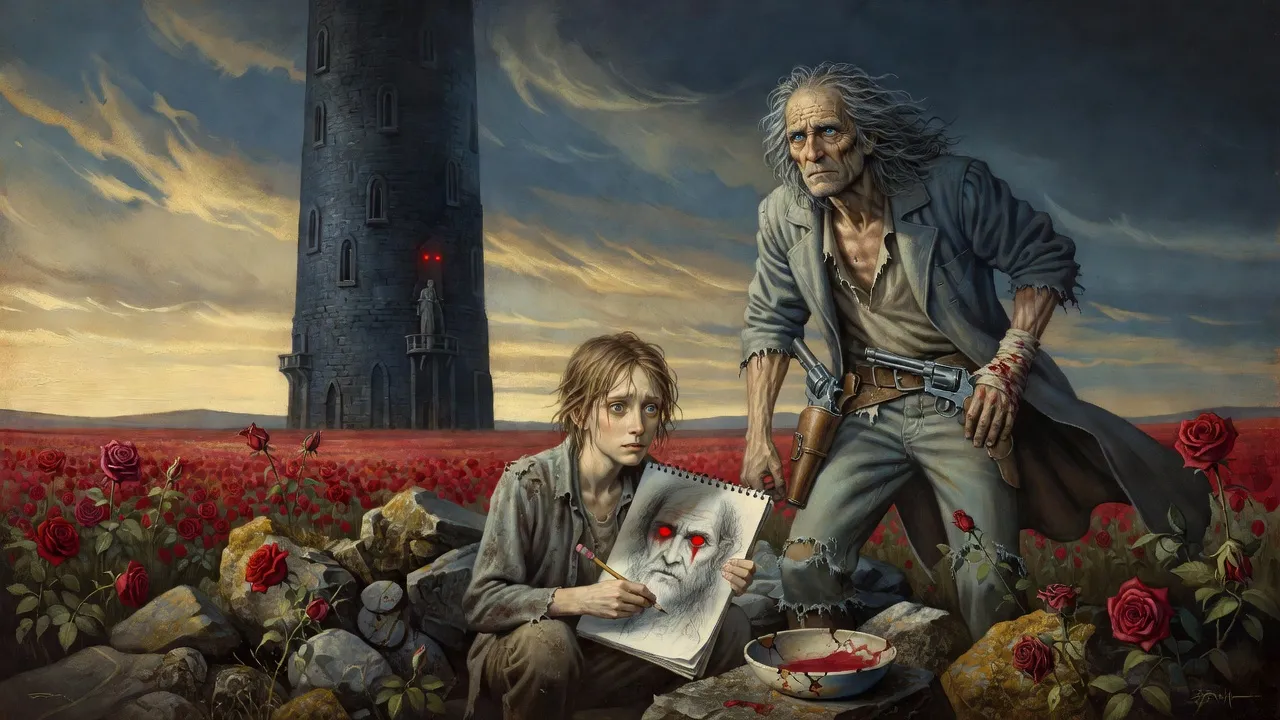 A young man erasing a drawing of a bearded old man whose red-painted eyes remain, while above him on the Tower’s balcony the real figure fades to two red points.