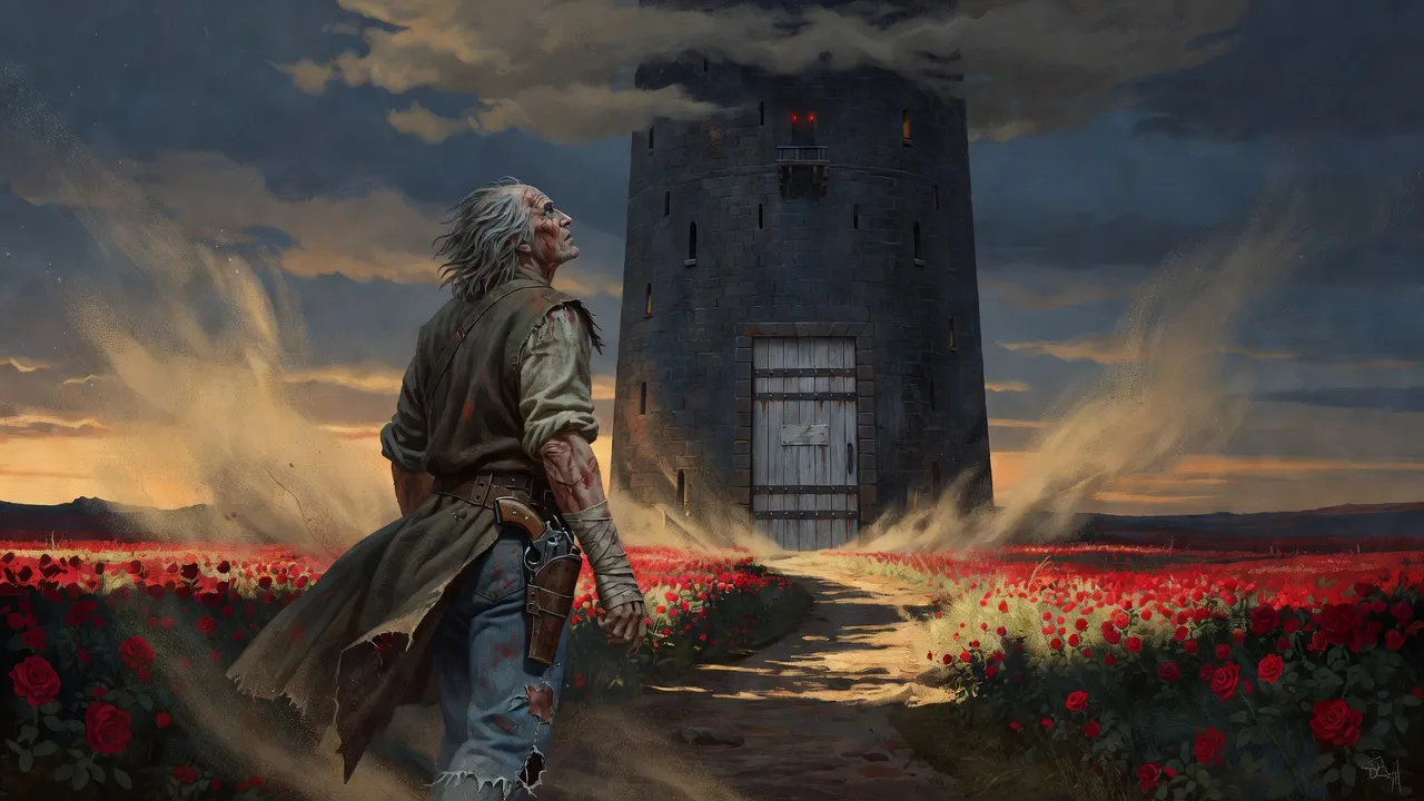 Roland walking the last steps through roses toward a tall grey door banded with black steel at the Tower’s base, two red points of light on the balcony above.